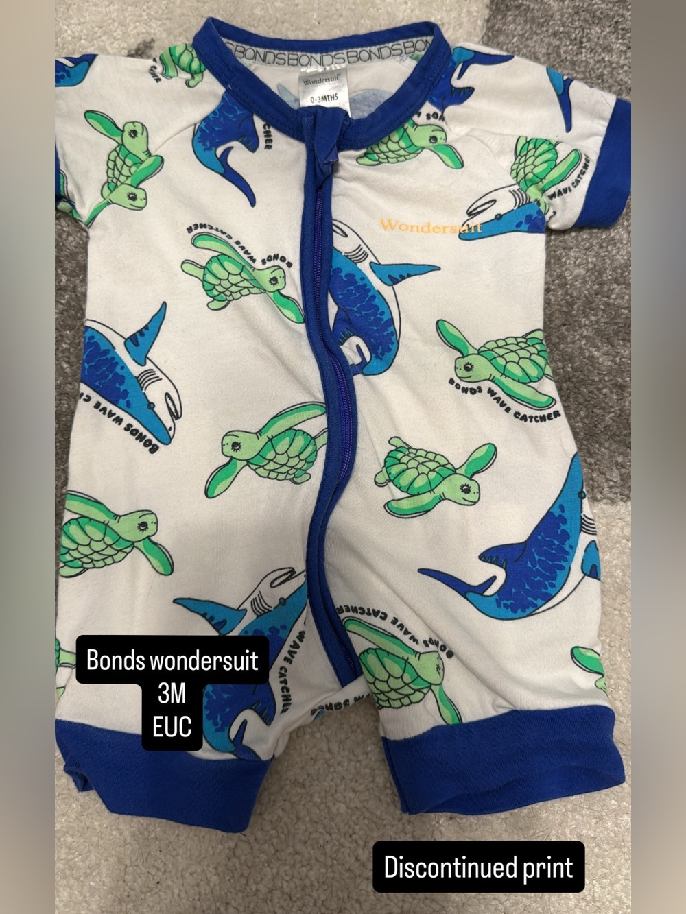 Bonds Baby Wondersuit White with Blue and Green Sea Life Print